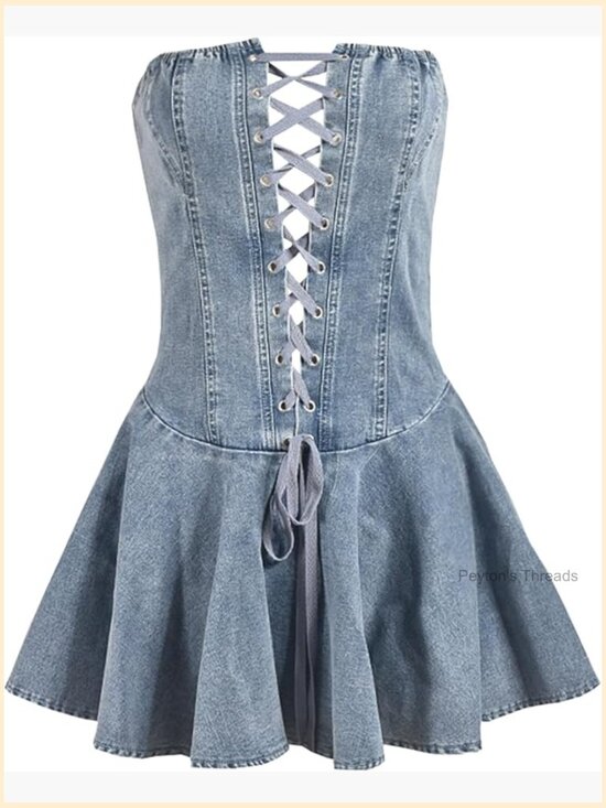 Dresses & Skirts - Off Shoulder Lace-Up Denim Mini Dress Sleeveless